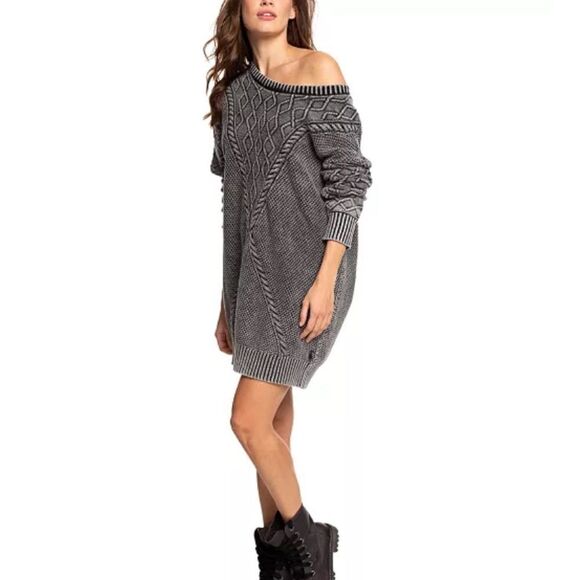 Roxy Snow Day Chunky Knit Gray Sweater Dress - Picture 1 of 8